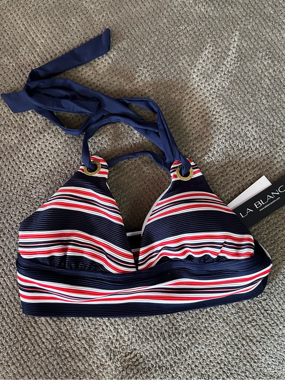 La Blanca Sz 8 Striped Navy Halter Bikini Top with Red & White Stripes